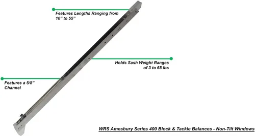 Miniatura 2 de WRS Amesbury Series 400 Block & Tackle Balance de ventana - 35 ″ de longitud, sello 3430 (18-23 libras), canal de 5/8 pulgadas, hardware de repuesto