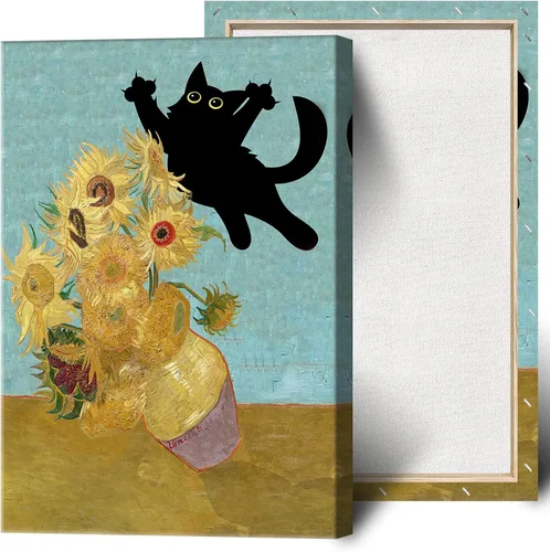 Miniatura 12 de Póster de Arte Gracioso de Gato Negro Vintage Van Gogh Girasol Gato Impreso en Lienzo Arte de Pared de Gato Lindo Estética de Animales