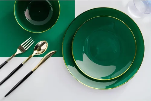 Miniatura 5 de Trendables Juego de platos desechables con cubiertos, color verde para 40, incluye 40 platos, juego de cubiertos con tenedores de plástico