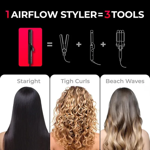 Miniatura 3 de TYMO Airflow 2.0 - Plancha rizadora de pelo 2 en 1, rizador de pelo 2 en 1, varita rizadora de 1.25 pulgadas para cabello largo y corto, doble Negro