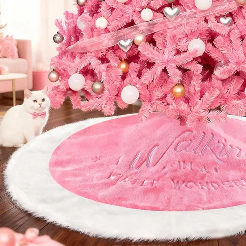 Miniatura 8 de yuboo - Falda de árbol de Navidad rosa de 48 pulgadas, gran alfombra de árbol de Navidad de piel sintética esponjosa con copos de nieve blancos