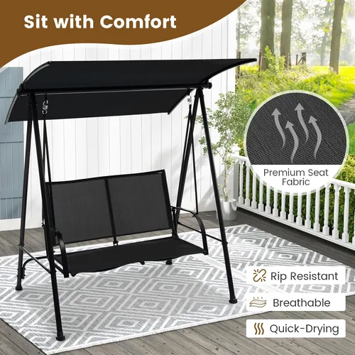 Miniatura 4 de HAPPYGRILL Columpio para exteriores para 2 personas con toldo, silla de columpio para porche de patio con marco de metal resistente, tela de asiento