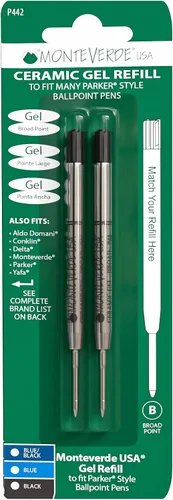 Monteverde USA - Recargas de gel cerámico sin tapa para bolígrafos Parker, punta ancha, tinta negra, paquete de 2 – Solución de escritura confiable