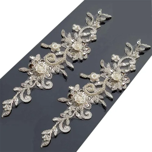 Bling Paillette - Apliques de encaje con cuentas de perlas para novia, parche de costura para bricolaje, cinturón de boda, zapatos, marfil (2 piezas)