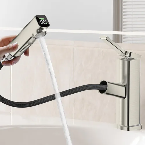 Miniatura 14 de HANLIAN Grifo extraíble de baño de un solo orificio con boquilla giratoria, grifo de una manija para lavabo de baño, grifo de baño moderno con Cromo