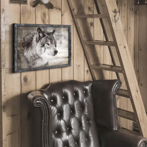 Miniatura 6 de Arte de Pared Enmarcado de Lobo: Pintura Moderna de Animales Salvajes de Madera Rústica Natural Imagen de Vida Silvestre Obra de Arte de Lobo Gris