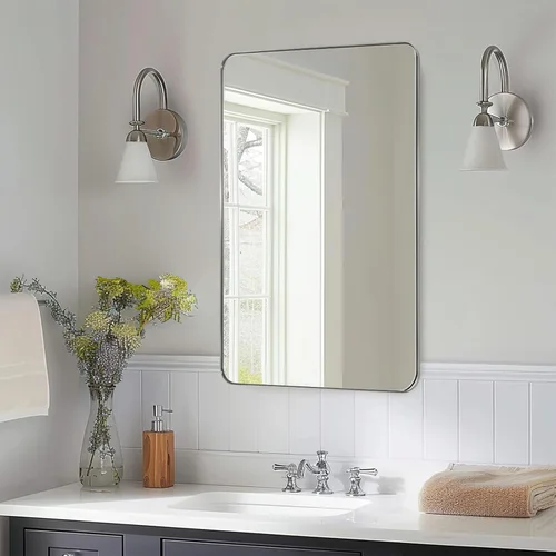 Miniatura 2 de ANDY STAR Espejo de baño cromado, 24 x 40 pulgadas, espejo rectangular de esquina redondeada de níquel pulido, espejo de tocador de baño con marco