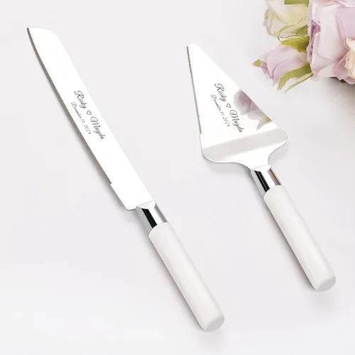 Miniatura 8 de Juego de corte de pasteles personalizado para bodas, cuchillos de pastel y servidor, grabado gratis, cortador de pastel de postre de madera Plateado