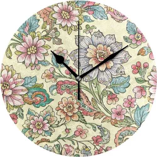 Vintage Flower Print Beige 10 pulgadas ronda cocina relojes de pared sin tictac ruido único para oficina casa de campo dormitorio relojes de pared