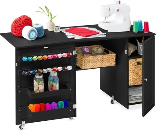 Best Choice Products Mesa de costura plegable grande, estación de manualidades portátil multiusos y escritorio lateral con diseño compacto, ruedas