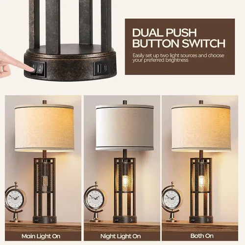 Miniatura 2 de Juego de 2 lámparas de mesa industriales de granja de 28 pulgadas - Lámparas rústicas de mesita de noche con puertos USB A+C duales, lámparas