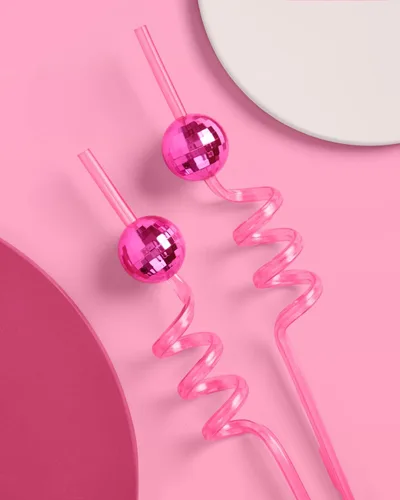 Miniatura 4 de xo, Fetti Juego de pajitas espirales de bola de discoteca rosa, 12 piezas, decoraciones de fiesta de cumpleaños, regalo de fiesta de club de poni