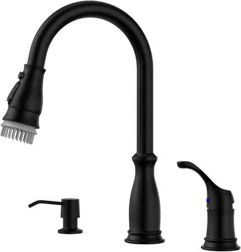 APPASO Grifo de cocina de 3 agujeros, grifos de fregadero de 3 agujeros con rociador extraíble, grifo de fregadero de cocina negro de 3 piezas con