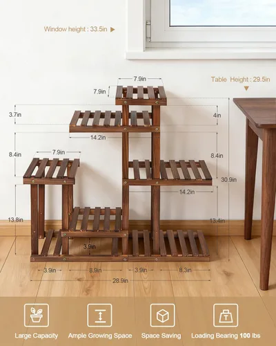 Miniatura 6 de Soporte para plantas de madera carbonizada, estantes de plantas de 6 niveles para interiores, estante de madera estrecho que ahorra espacio