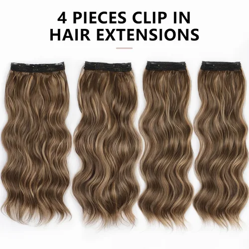 Miniatura 5 de ALXNAN Extensiones de cabello, 4 extensiones de cabello con clip, 20 pulgadas, marrón mezclado con rubio caramelo, largo, ondulado, natural, suave