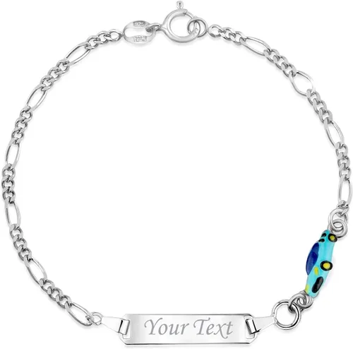 UNICORNJ 925 Italy Sterling Silver Child or Baby Name Bracelet Girls Boys, Personalized Engraved Kids ID Bracelets, 6.5" Figaro Chain, Enamel Charm
