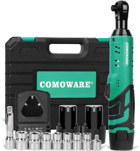 COMOWARE Kit de llave de trinquete eléctrica inalámbrica 3/8, par de 40 ft-lbs, potencia de 12 V, 8 dados, luz LED, cargador rápido, diseño