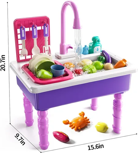 Miniatura 6 de JUKUDAHU Fregadero de juegos con agua corriente, fregadero de juguetes de cocina para niños de 3, 4, 5, 6, 7 años, lavavajillas eléctrico, juego