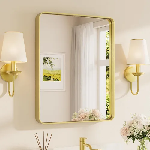 Miniatura 75 de TETOTE Espejo de marco dorado cepillado de 16 x 24 pulgadas, espejo de tocador de baño de latón dorado para pared, espejo enmarcado rectangular