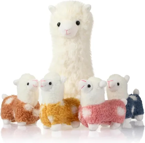 Civaner Animal de peluche de llama con 4 peluches de llama bebé, lindo juego de peluche de alpaca suave Kawaii para niños y niñas, graduación, Blanco