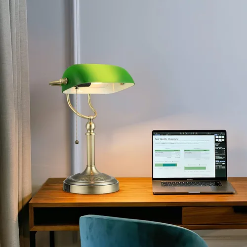 Miniatura 2 de Puerto de carga rápida USB Lámpara de escritorio de banqueros de vidrio verde y lámpara de escritorio de banqueros de vidrio regulable