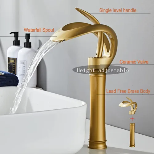 Miniatura 4 de Grifo de Lavabo para Baño de Diseño Alto y Hueco en Estilo Granja, con Boquilla en Cascada de Oro Antiguo, de una Sola Manija, de un Solo Agujero