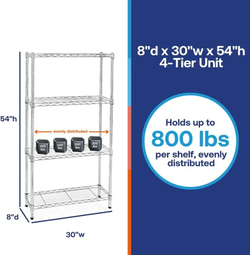 Miniatura 6 de Shelving Inc. Estantería de alambre cromado de 8 pulgadas de profundidad x 30 pulgadas de ancho x 54 pulgadas de alto con estantes de 4 niveles