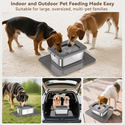 Miniatura 8 de Tazón de agua para perros de 10L sin derrames, 2.6 galones de acero inoxidable sin salpicaduras, tazón grande para perros con alfombrilla Gris