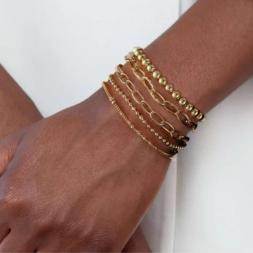 Miniatura 7 de KesaPlan Juego de pulseras de oro para mujer, ajustables, chapadas en oro de 14 quilates, con cuentas delicadas, juego de pulseras de eslabones