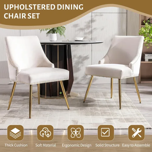 Miniatura 9 de KCC Juego de 4 sillas de comedor de terciopelo con respaldo de cabezal de clavo y ribete de anillo de tracción con patas doradas para cocina y sala