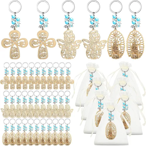 Hicarer 30 piezas de llavero de bautismo regalo de bautizo recuerdos de bautizo para cruz llavero de madera con bolsas de organza (perlas azules)