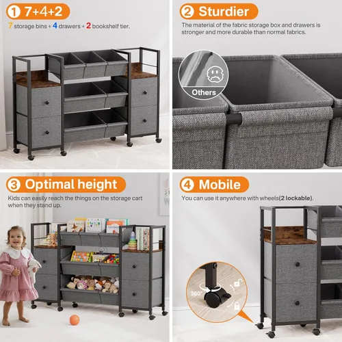 Miniatura 4 de Organizadores de juguetes y contenedores de almacenamiento para niños, 7 contenedores de almacenamiento + 4 cajones de tela + 2 estanterías