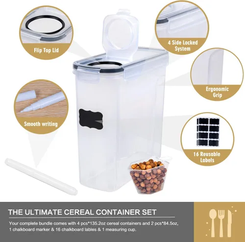 Miniatura 3 de FOOYOO Juego de 6 recipientes de almacenamiento de cereales herméticos grandes y secos (135.2 onzas), dispensador sin BPA, recipientes de 6 Piece