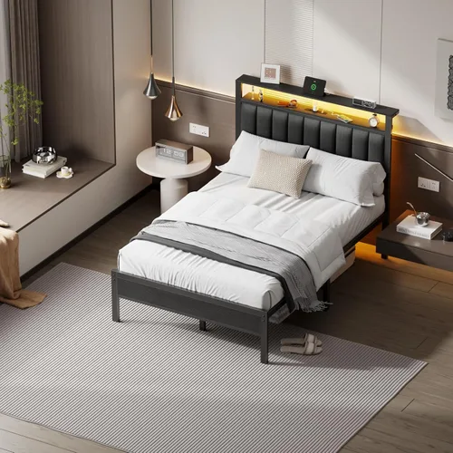 Miniatura 6 de Furnulem - Base de cama tamaño matrimonial con estación de carga y luces LED, plataforma con listones de metal, cabecera tapizada gris con estantes