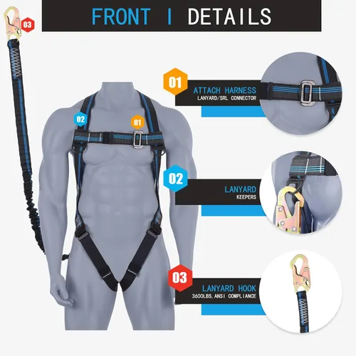 Miniatura 2 de Kit de protección contra caídas de arnés de seguridad, arnés de seguridad de cuerpo completo de 3 puntos con cordón interno de absorción de impactos