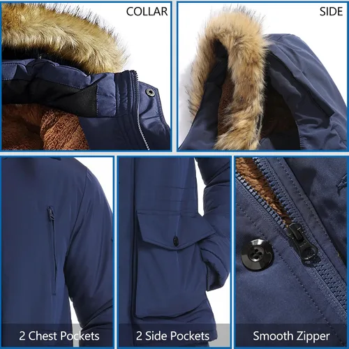 Miniatura 4 de JYG - Chaqueta de invierno gruesa para hombre, parka acolchada con capucha extraíble de piel sintética Azul