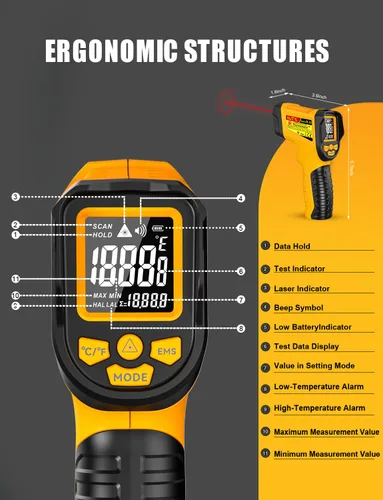 Miniatura 7 de NJTY Pistola Termómetro Infrarrojo, -58℉ a 1472℉, Alta Precisión, Sensor de Temperatura Láser Sin Contacto con Pantalla LCD Retroiluminada