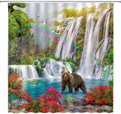 Cortina de ducha con diseño de cascada, diseño de oso tropical, vida silvestre, oso, selva, flor, pájaro, plantas, arcoíris, naturaleza, paisaje,