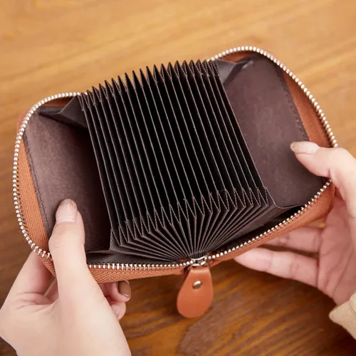 Miniatura 8 de Tarjetero de tarjetas de crédito con cremallera para mujer bloqueo RFID fundas para tarjetas de visita para mujer marrón