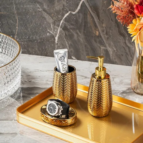 Miniatura 7 de Accesorios de baño dorados 3 piezas de accesorios de baño elegantes, dispensador de jabón dorado, bomba dispensadora de jabón, vaso y jabonera