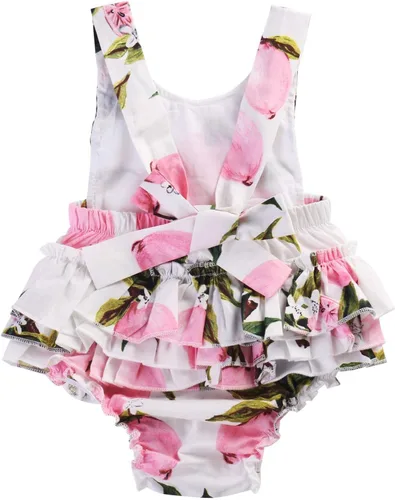 Miniatura 8 de Mameluco de verano con diseño floral y volantes para niña bebé, con diadema