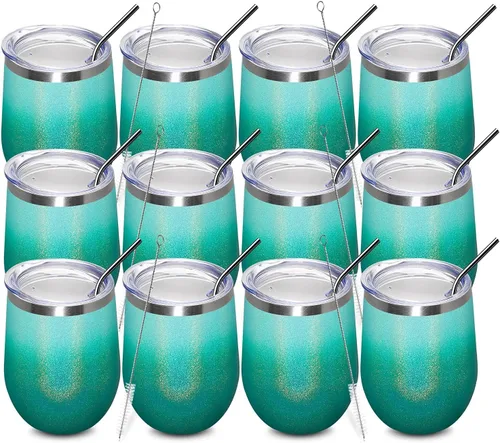 Miniatura 48 de MEWAY Vaso de vino sin tallo de 12 onzas con tapa, vaso de viaje de acero inoxidable con aislamiento de doble pared al vacío con popote, para Negro