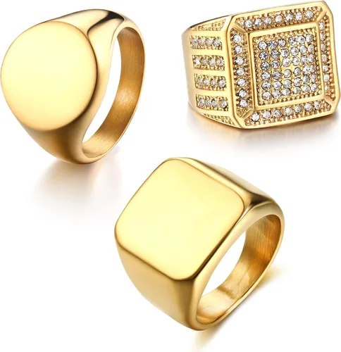 Dochais 3 anillos de sello para hombres y mujeres, anillos chapados en oro de 14 quilates, anillos de acero inoxidable para hombres, anillos de oro