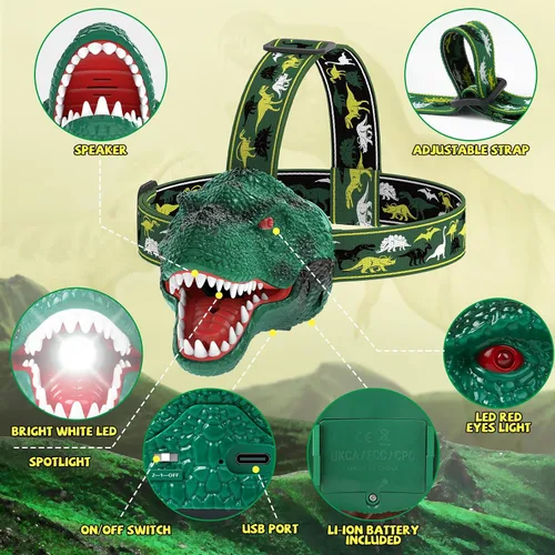 Miniatura 2 de Nitigo Linterna Frontal de Dinosaurio para Niños Linterna Paquete de 2, Linternas Frontales LED Recargables Modo Rugido y Silencioso, Juguetes