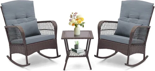 Miniatura 10 de ORALNER Juego de 3 mecedoras de mimbre para muebles de patio, sillas mecedoras para exteriores con cojines, almohadas, mesa de centro de cristal