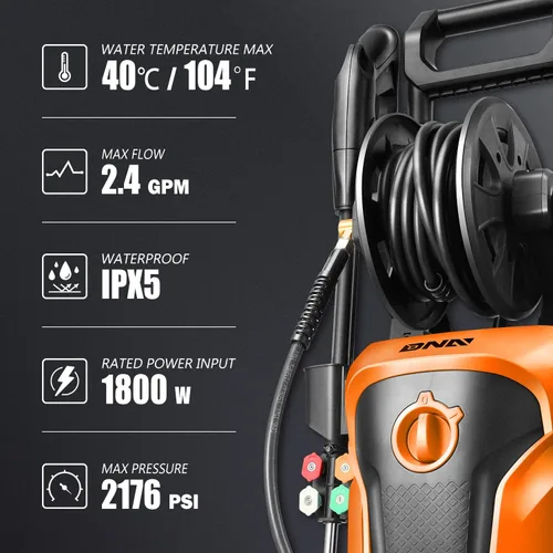 Miniatura 2 de DNA MOTORING TOOLS-00230 Lavadora a Presión Eléctrica de Hasta 2176 PSI de Presión, 2.4 GPM de Flujo Máximo para Limpieza de Jardín y Automóvil
