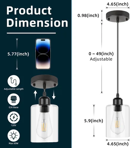 Miniatura 2 de CANMEIJIA Moderna lámpara colgante negra de granja con pantalla de vidrio, iluminación colgante industrial, luces de isla para cocina, accesorios
