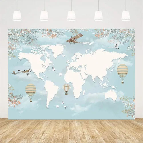 Miniatura 2 de Sendy Fondo de viaje de 7 x 5 pies, decoración de fiesta de baby shower, mapa del mundo alrededor del mundo, aventura espera avión, cumpleaños