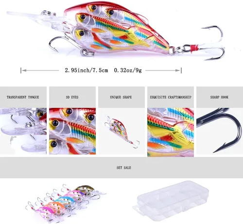 Miniatura 3 de CrankBaits - Señuelos de pesca CrankBait of Bass, señuelos de agua dulce y salada para agua poco profunda, cebo de buceo profundo, cebo de agua