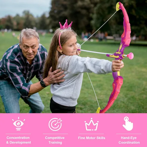 Miniatura 3 de Arco y flecha para niños, juego de tiro con arco con luz LED con capa de princesa y corona, 10 flechas de ventosa, objetivo y carcajes, juguete al